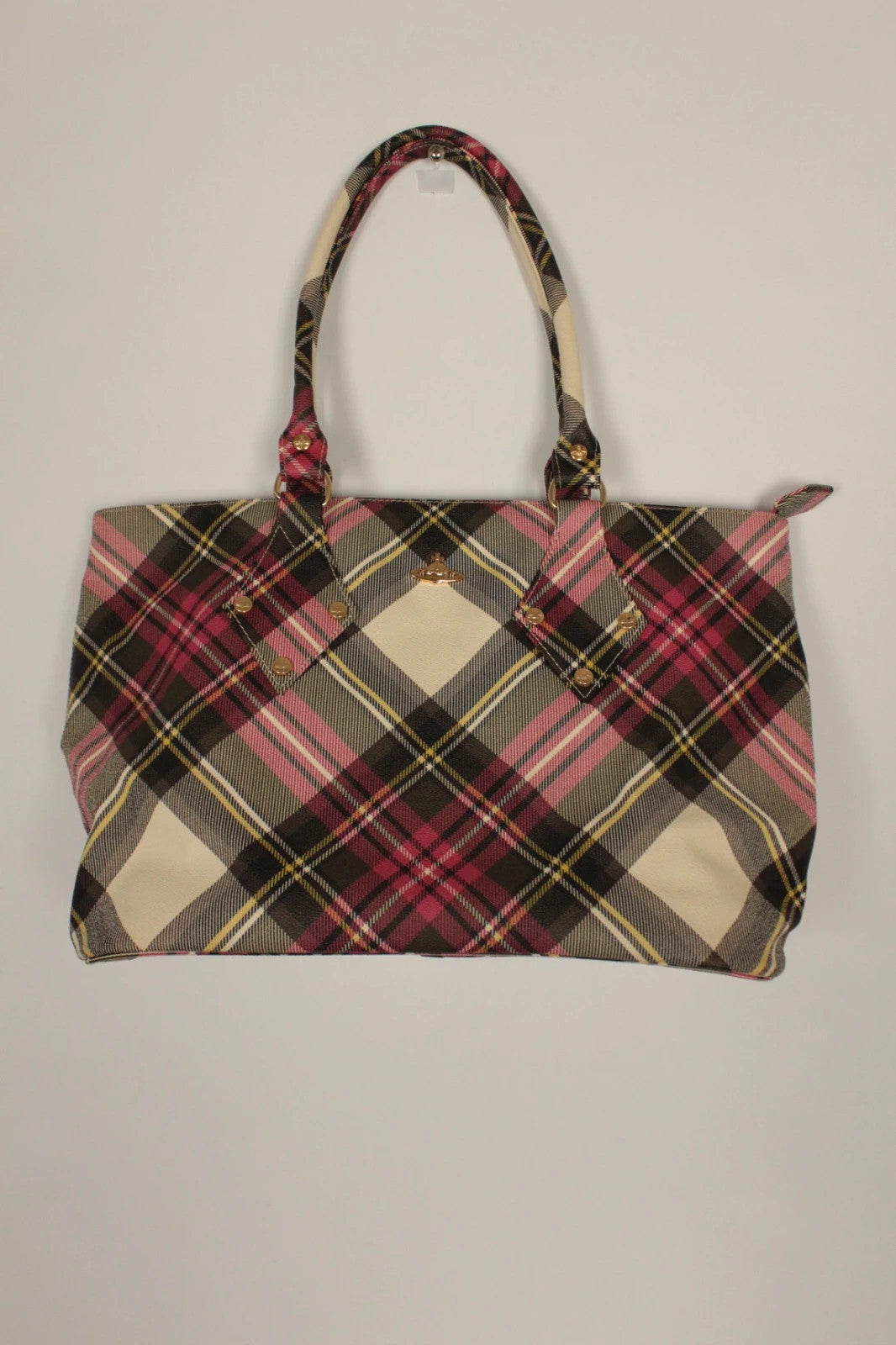 Vivienne Westwood multi checkered handbag with iconic Orb logo and leather accents.
