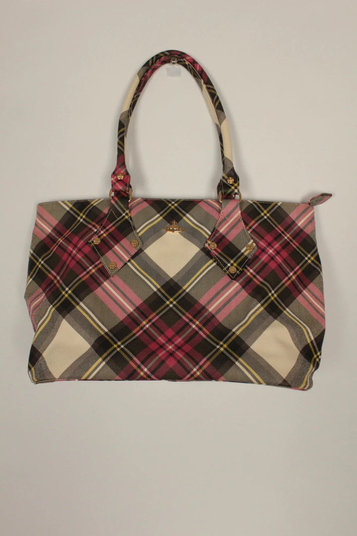 Vivienne Westwood multi checkered handbag with iconic Orb logo and leather accents.