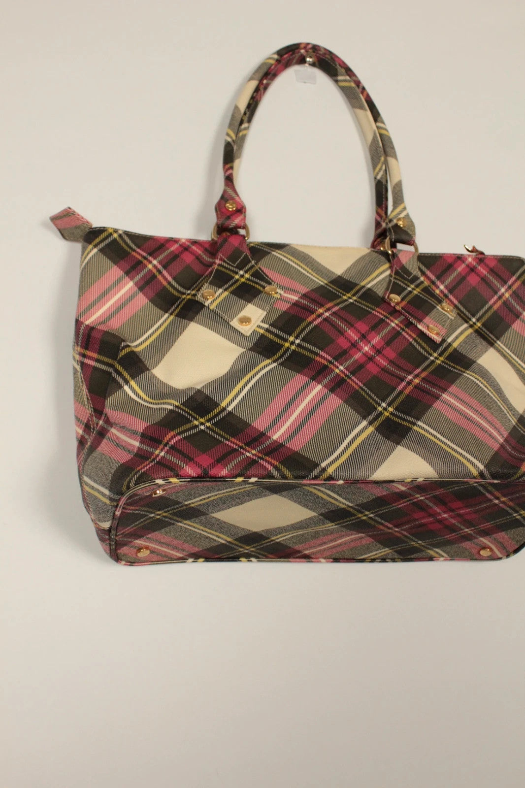 Vivienne Westwood multi checkered handbag with iconic Orb logo and leather accents.