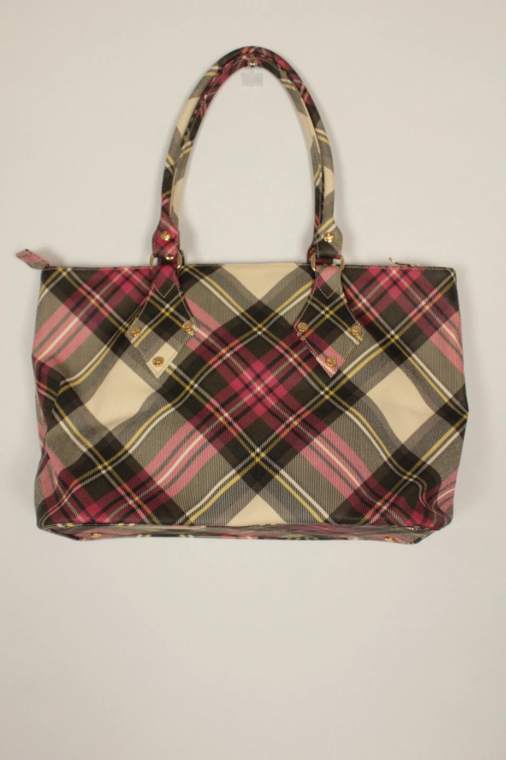 Vivienne Westwood multi checkered handbag with iconic Orb logo and leather accents.