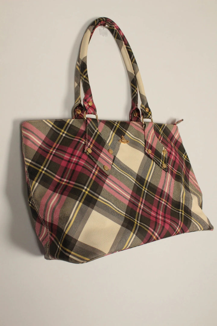 Vivienne Westwood multi checkered handbag with iconic Orb logo and leather accents.