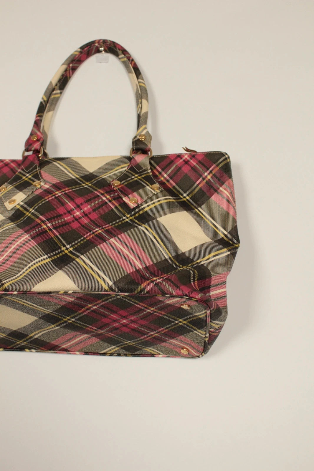 Vivienne Westwood multi checkered handbag with iconic Orb logo and leather accents.