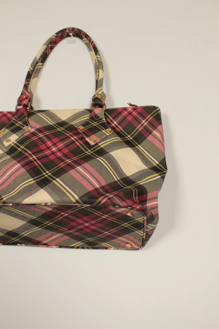 Vivienne Westwood multi checkered handbag with iconic Orb logo and leather accents.