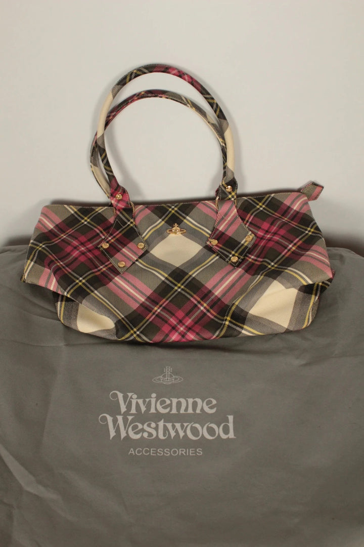 Vivienne Westwood multi checkered handbag with iconic Orb logo and leather accents.