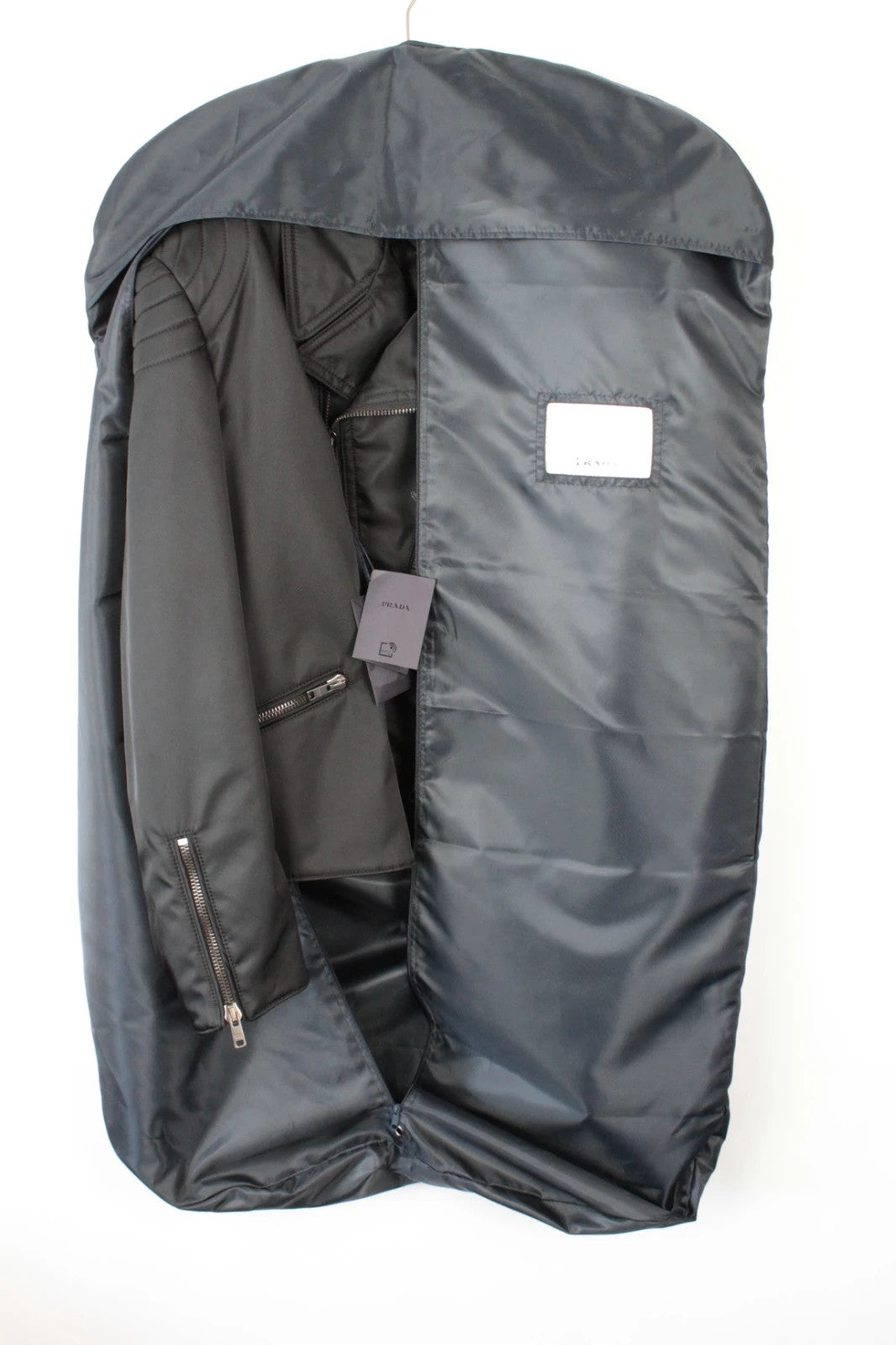 Prada black Re-Nylon biker jacket with enamel triangle logo and asymmetric front zip.