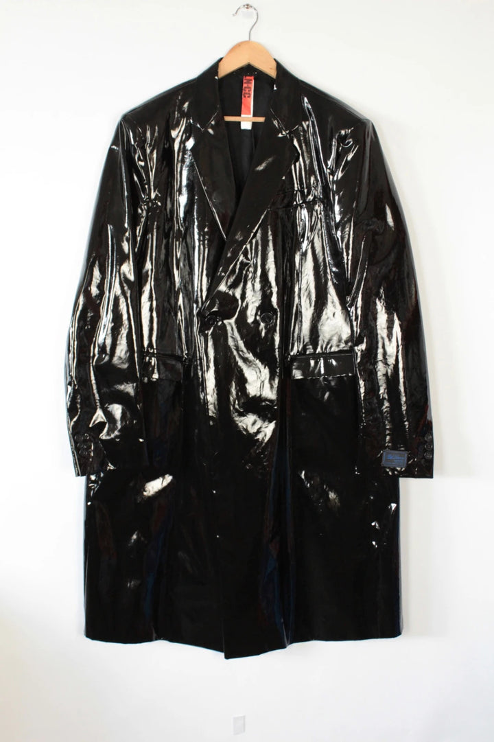 Raf Simons black double-breasted trench coat glossy PVC finish with notched lapels.