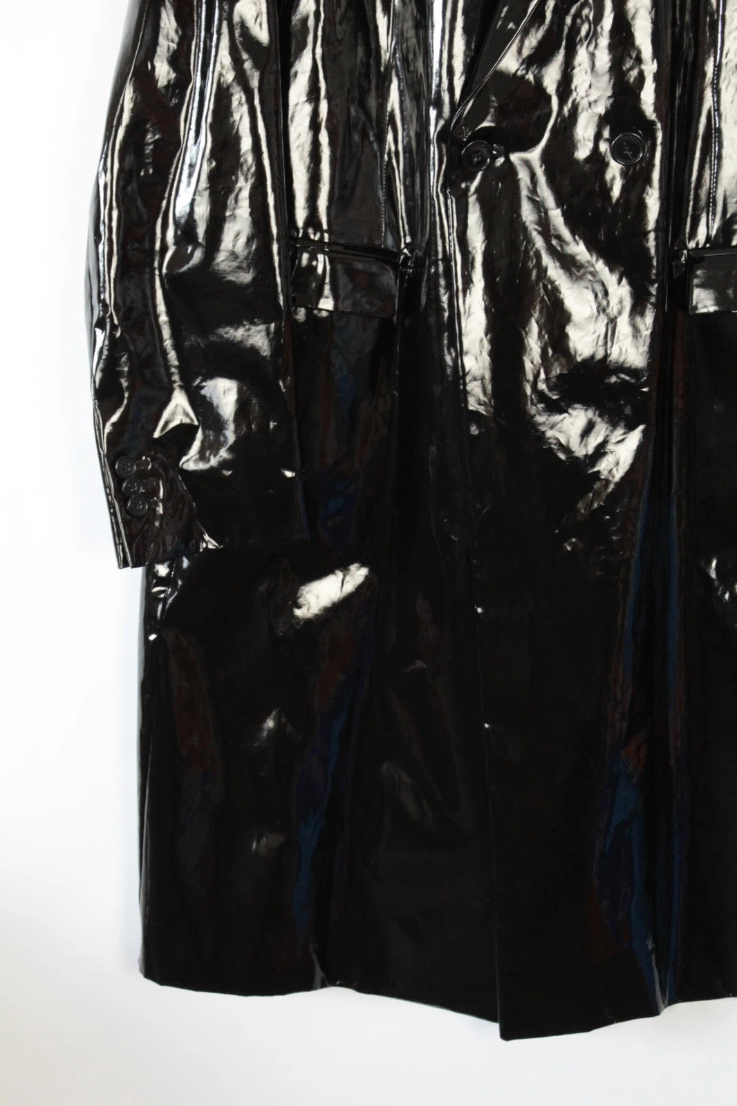 Raf Simons black double-breasted trench coat glossy PVC finish with notched lapels.