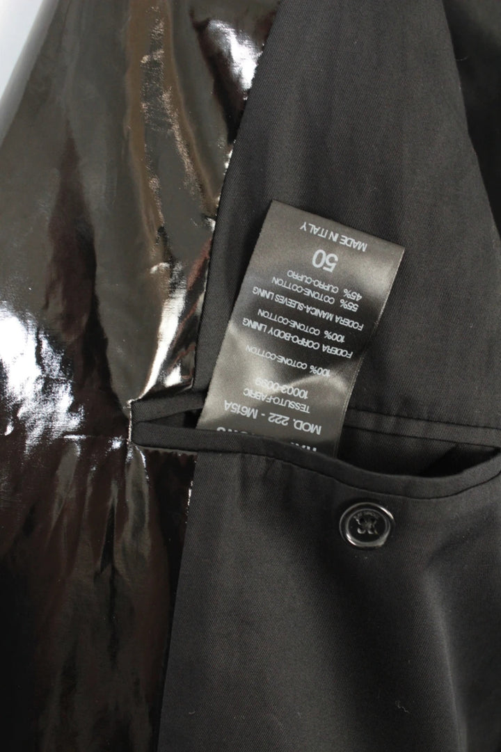 Raf Simons black double-breasted trench coat glossy PVC finish with notched lapels.