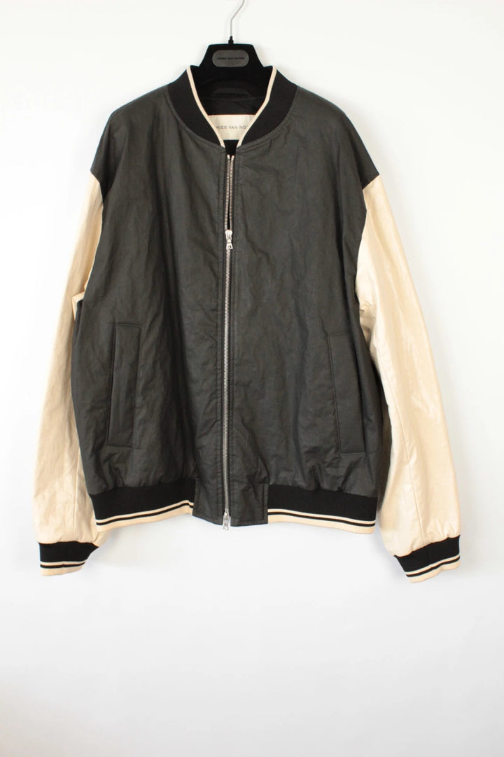 Dries Van Noten varsity bomber jacket black cream, textured coated canvas, dual-zipper front.