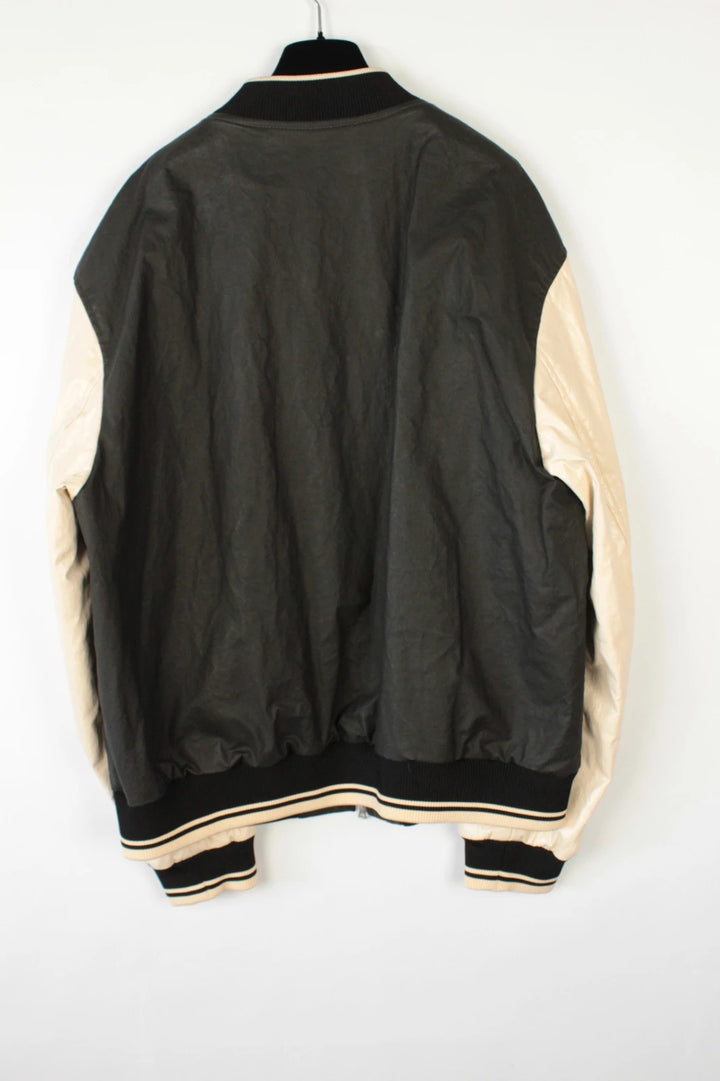 Dries Van Noten varsity bomber jacket black cream, textured coated canvas, dual-zipper front.