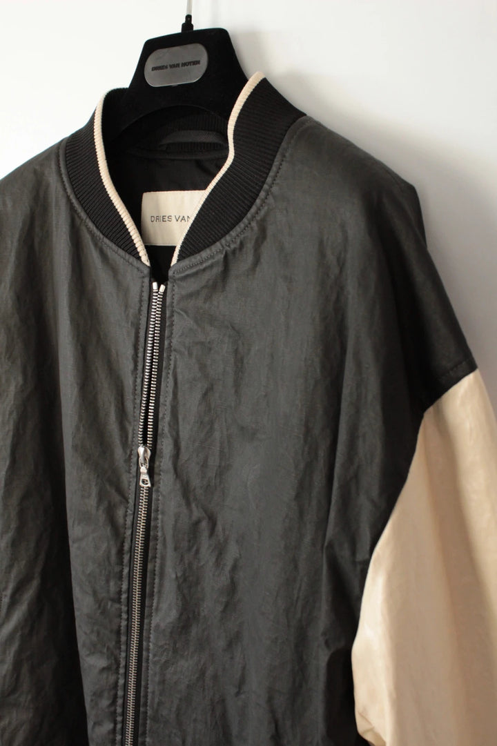 Dries Van Noten varsity bomber jacket black cream, textured coated canvas, dual-zipper front.