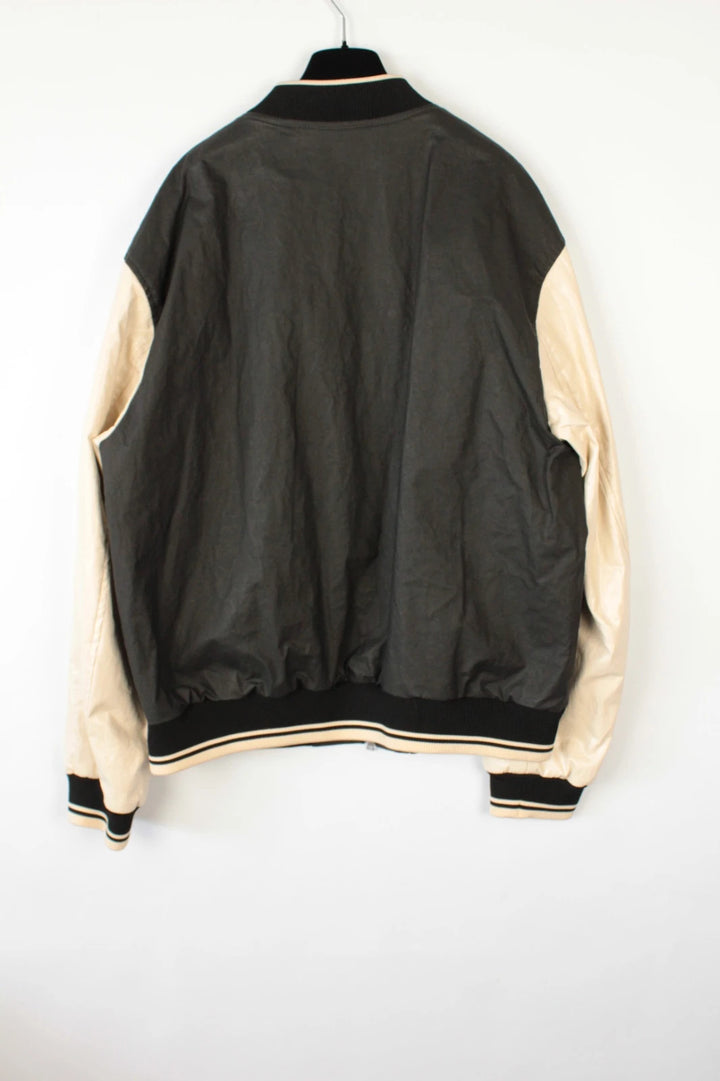 Dries Van Noten varsity bomber jacket black cream, textured coated canvas, dual-zipper front.