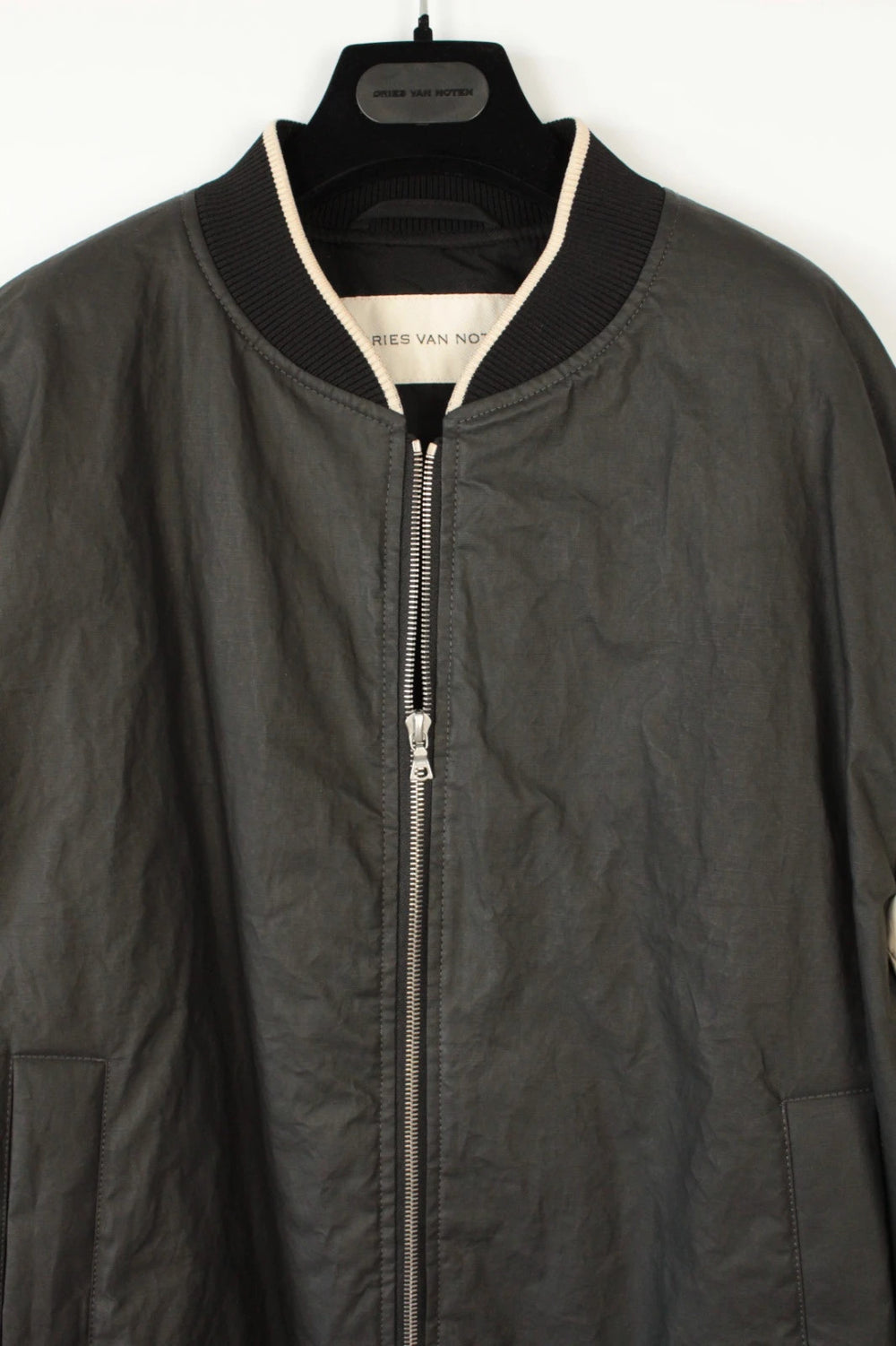 Dries Van Noten varsity bomber jacket black cream, textured coated canvas, dual-zipper front.