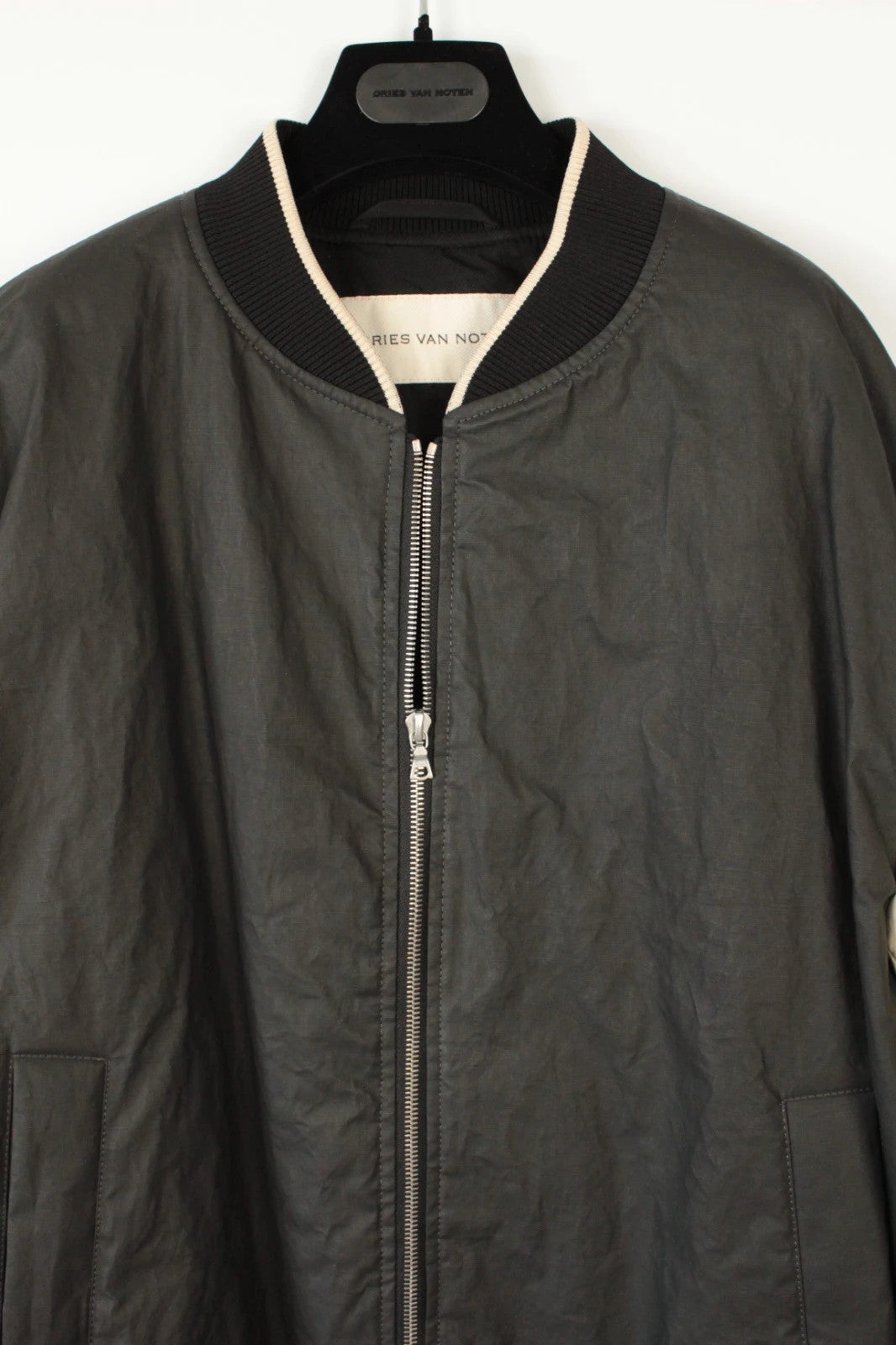 Dries Van Noten varsity bomber jacket black cream, textured coated canvas, dual-zipper front.