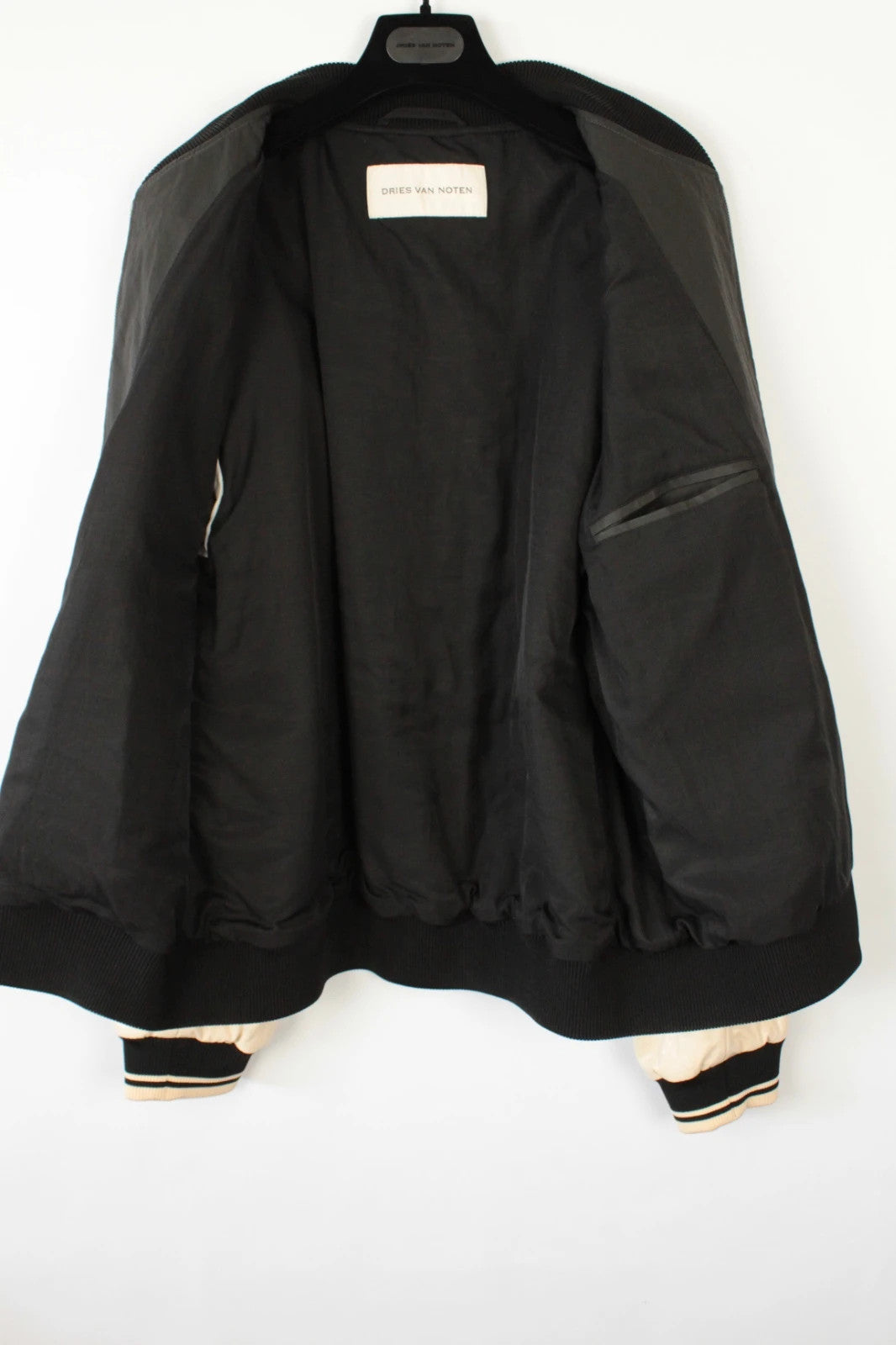 Dries Van Noten varsity bomber jacket black cream, textured coated canvas, dual-zipper front.
