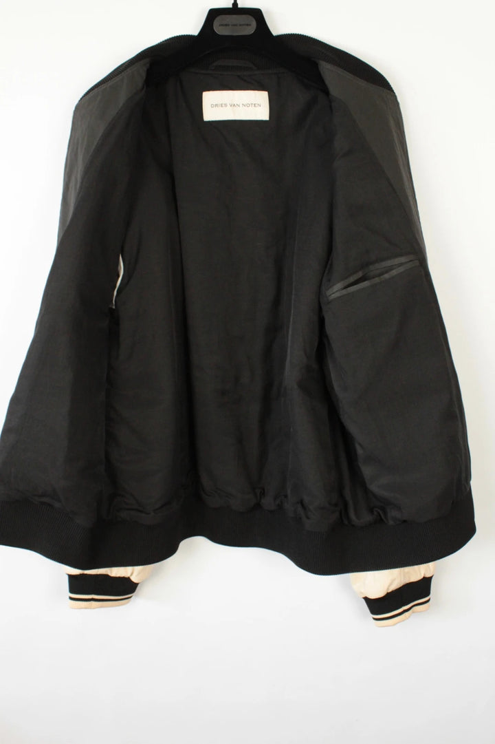 Dries Van Noten varsity bomber jacket black cream, textured coated canvas, dual-zipper front.