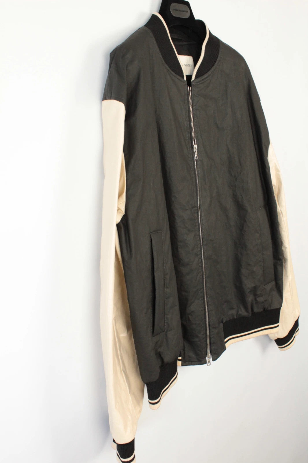 Dries Van Noten varsity bomber jacket black cream, textured coated canvas, dual-zipper front.