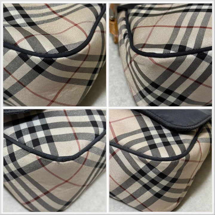 Burberry beige Nova Check crossbody handbag with black nylon flap and leather strap.