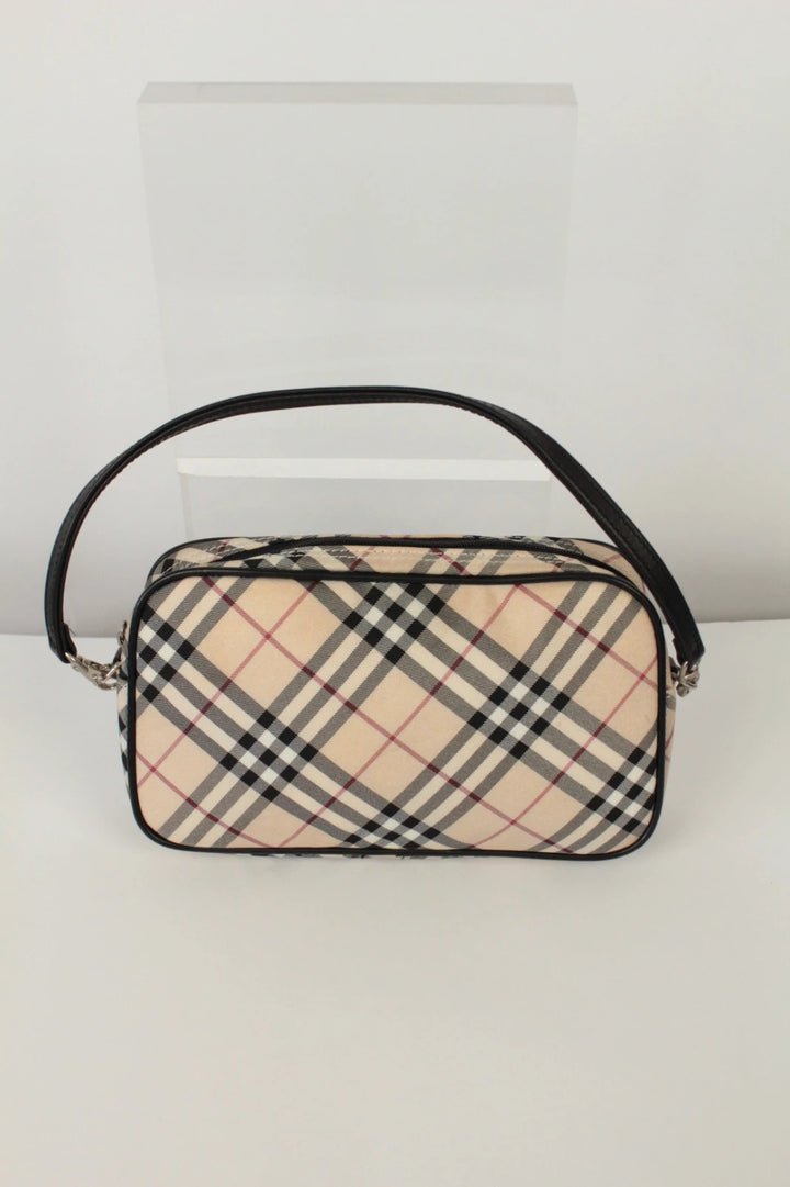 Burberry beige Nova Check mini handbag with black leather trim and silver-tone hardware.