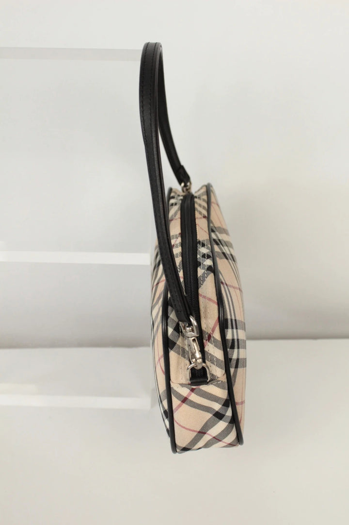 Burberry beige Nova Check mini handbag with black leather trim and silver-tone hardware.