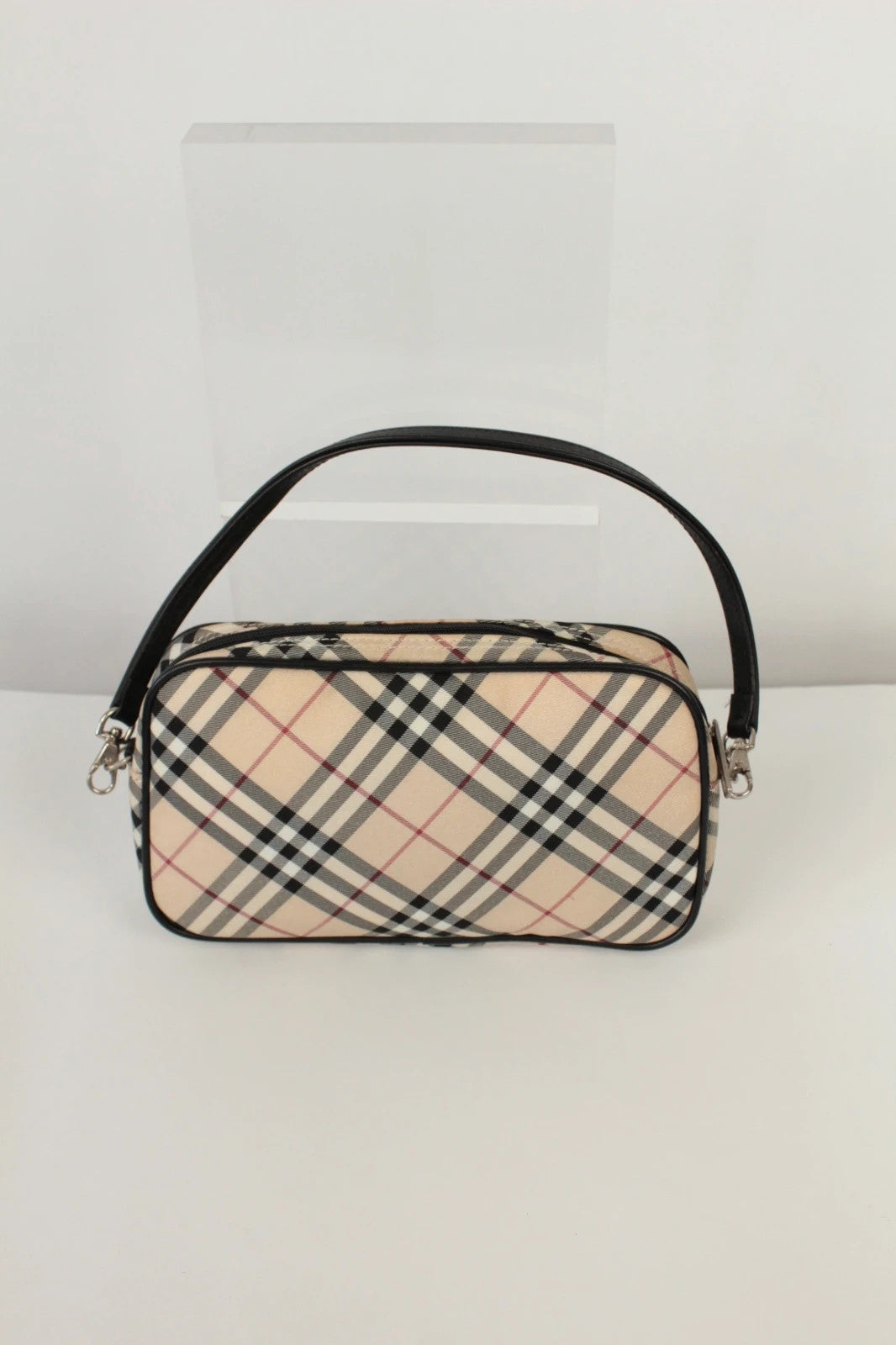 Burberry beige Nova Check mini handbag with black leather trim and silver-tone hardware.