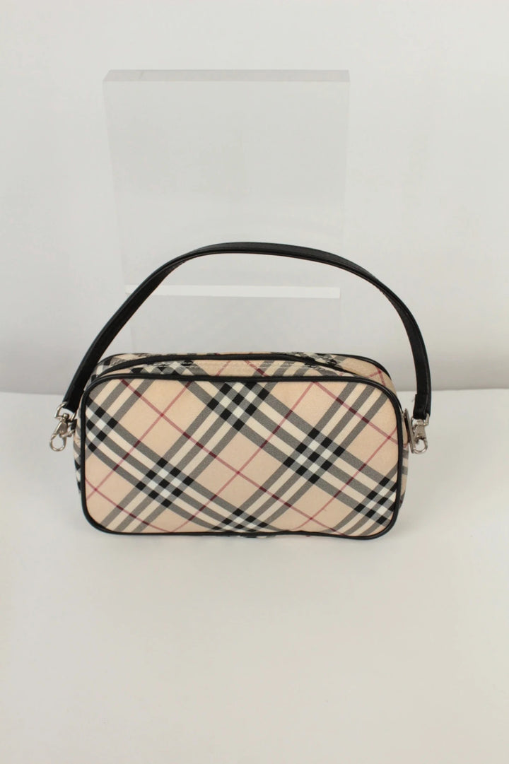 Burberry beige Nova Check mini handbag with black leather trim and silver-tone hardware.