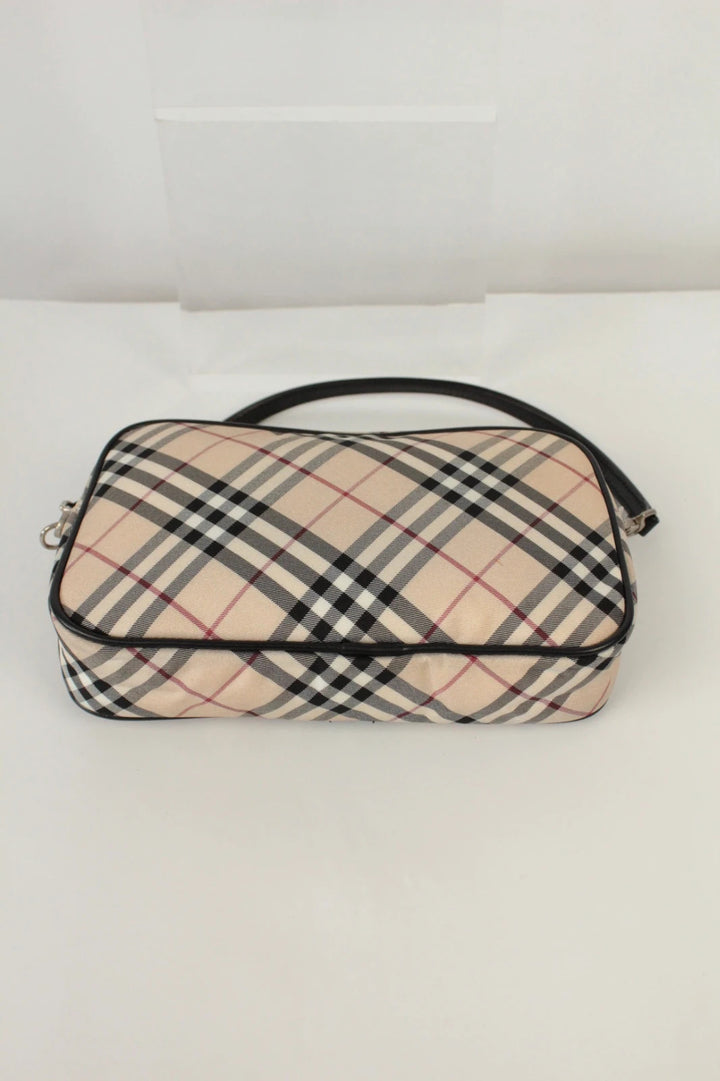 Burberry beige Nova Check mini handbag with black leather trim and silver-tone hardware.