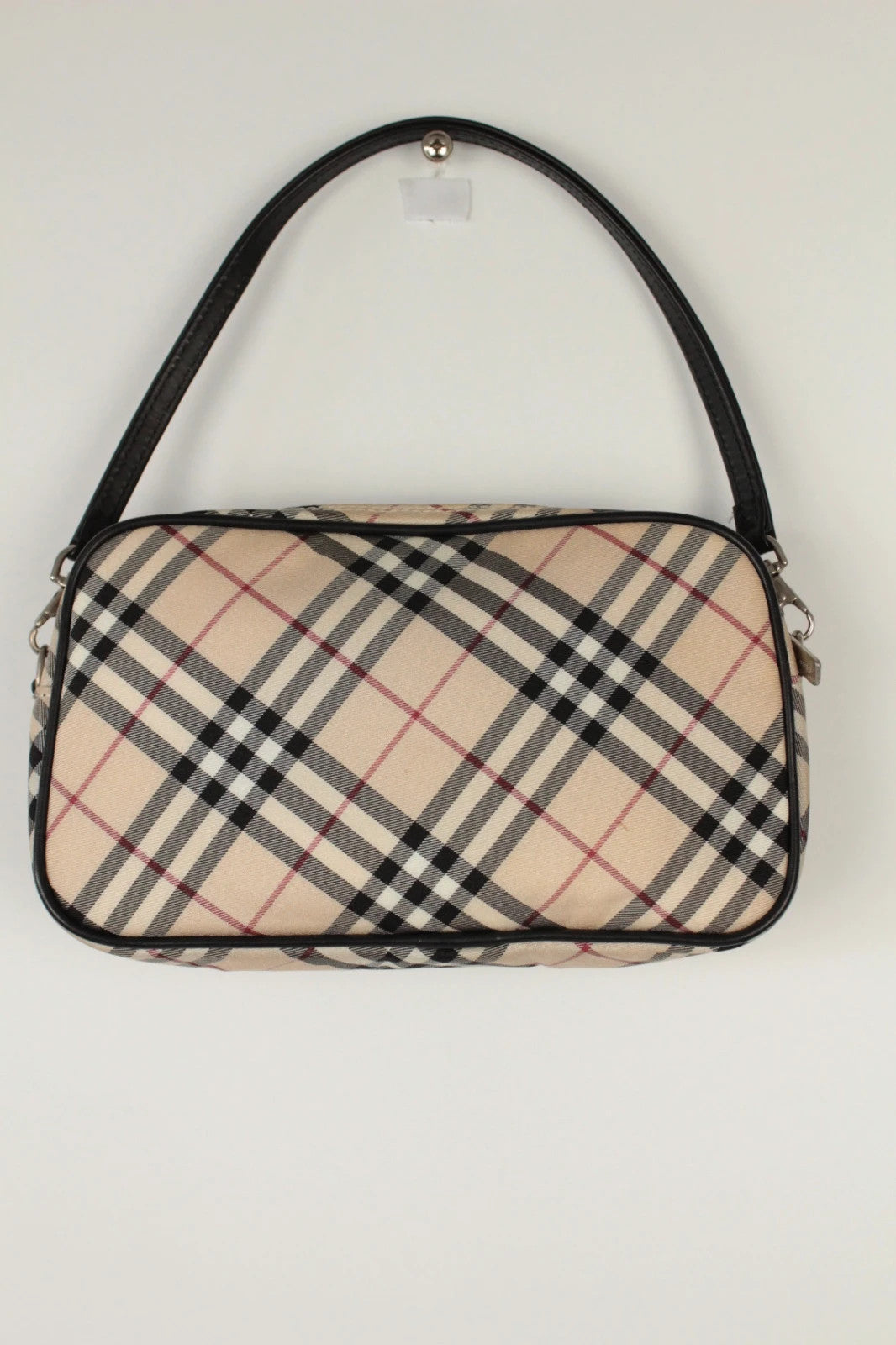Burberry beige Nova Check mini handbag with black leather trim and silver-tone hardware.