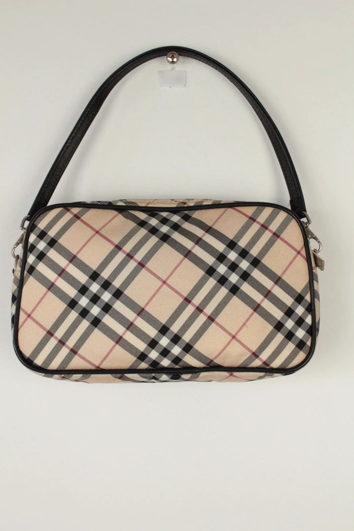 Burberry beige Nova Check mini handbag with black leather trim and silver-tone hardware.