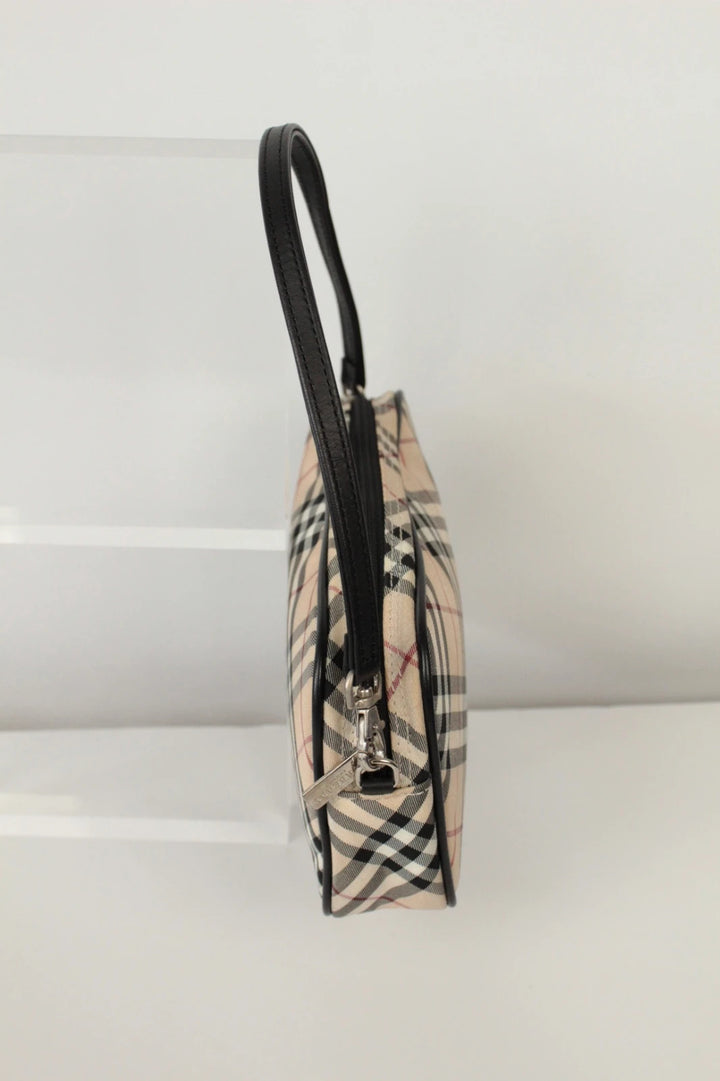 Burberry beige Nova Check mini handbag with black leather trim and silver-tone hardware.