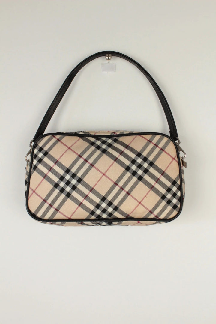 Burberry beige Nova Check mini handbag with black leather trim and silver-tone hardware.