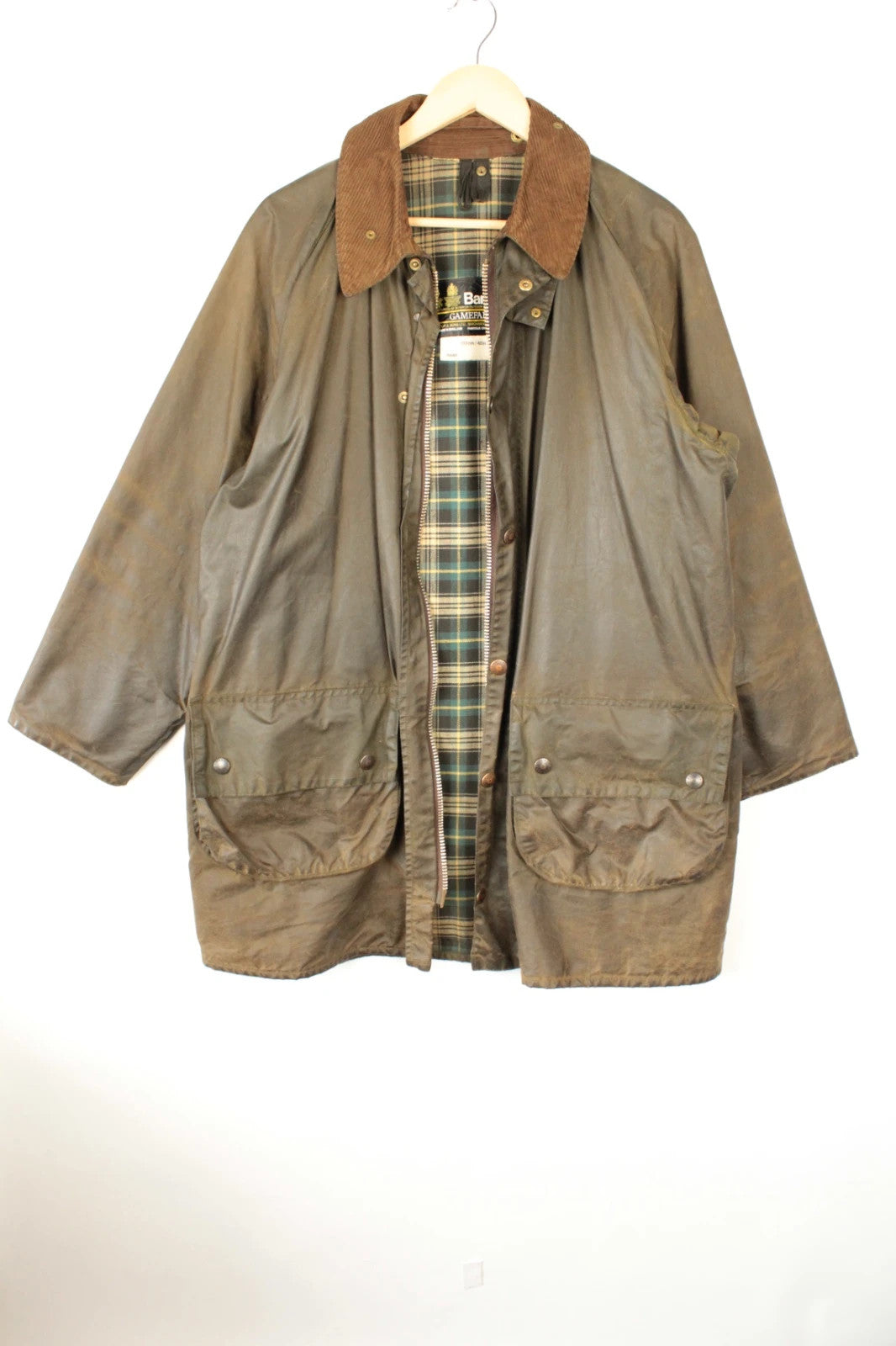 Barbour khaki wax jacket with corduroy collar and 2-Crest inner label.