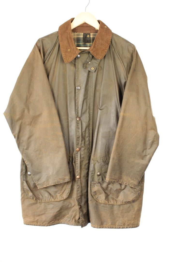 Barbour khaki wax jacket with corduroy collar and 2-Crest inner label.