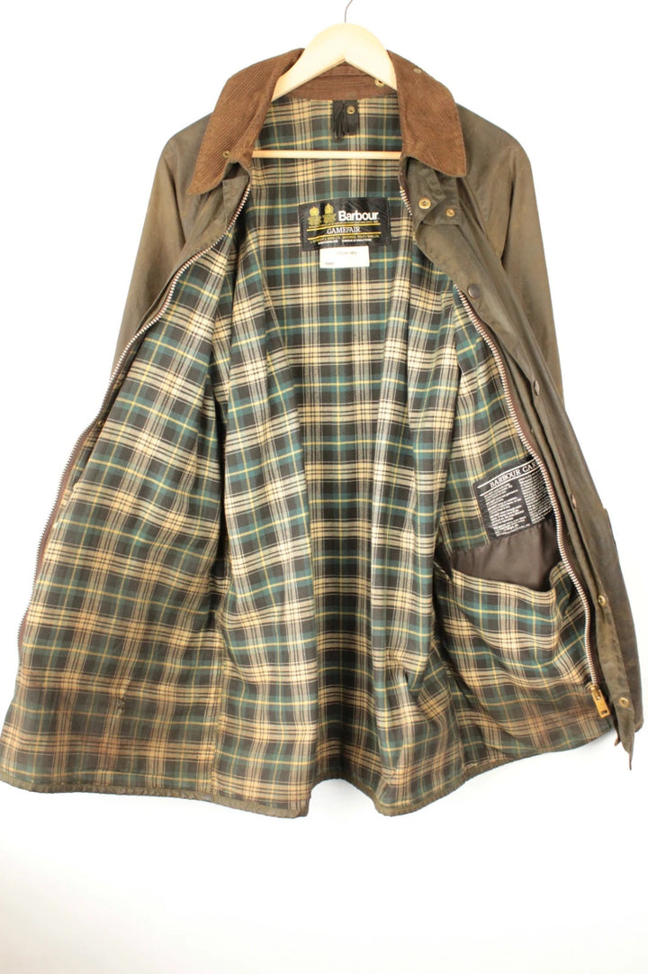 Barbour khaki wax jacket with corduroy collar and 2-Crest inner label.