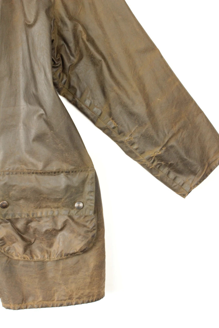 Barbour khaki wax jacket with corduroy collar and 2-Crest inner label.