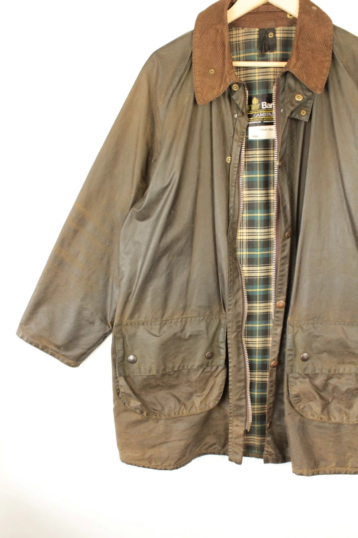 Barbour khaki wax jacket with corduroy collar and 2-Crest inner label.
