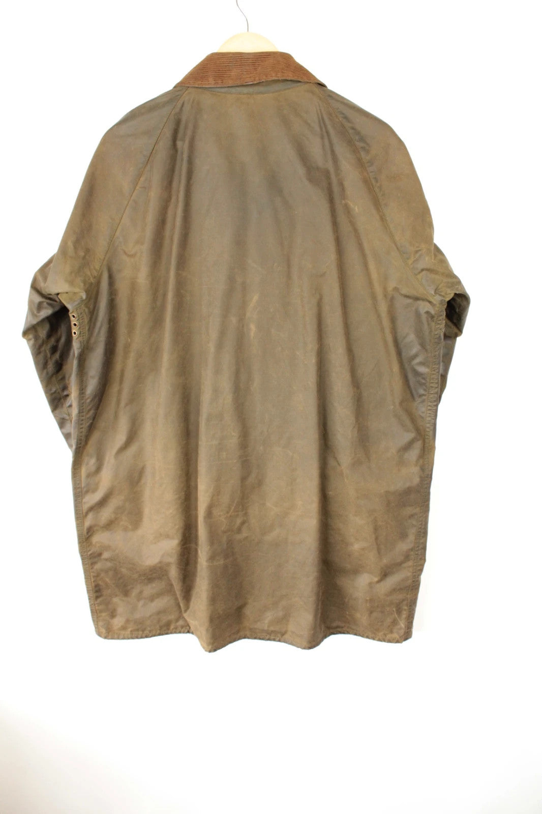 Barbour khaki wax jacket with corduroy collar and 2-Crest inner label.