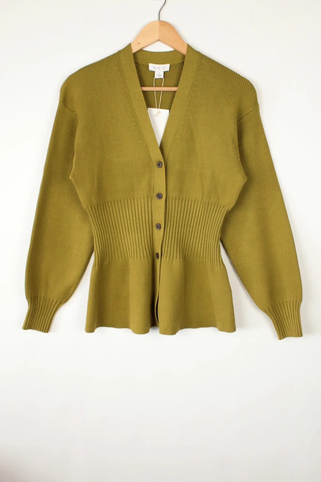 Aligne khaki knit cardigan with flawless stitch details and hardware buttons.