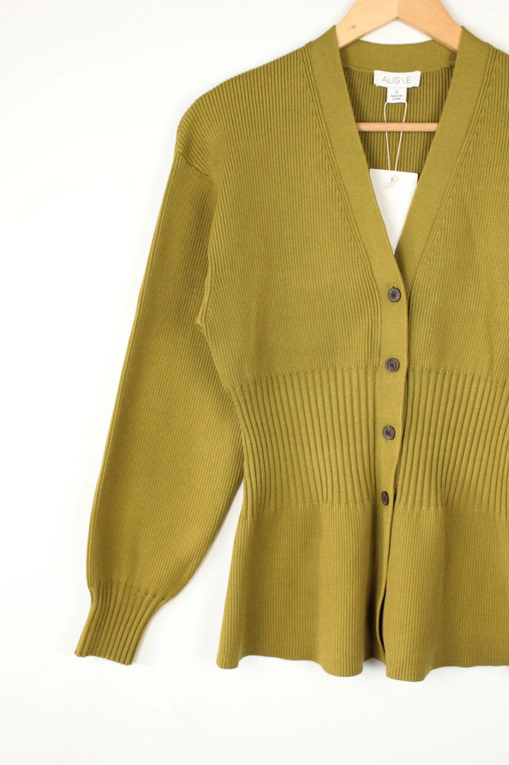 Aligne khaki knit cardigan with flawless stitch details and hardware buttons.