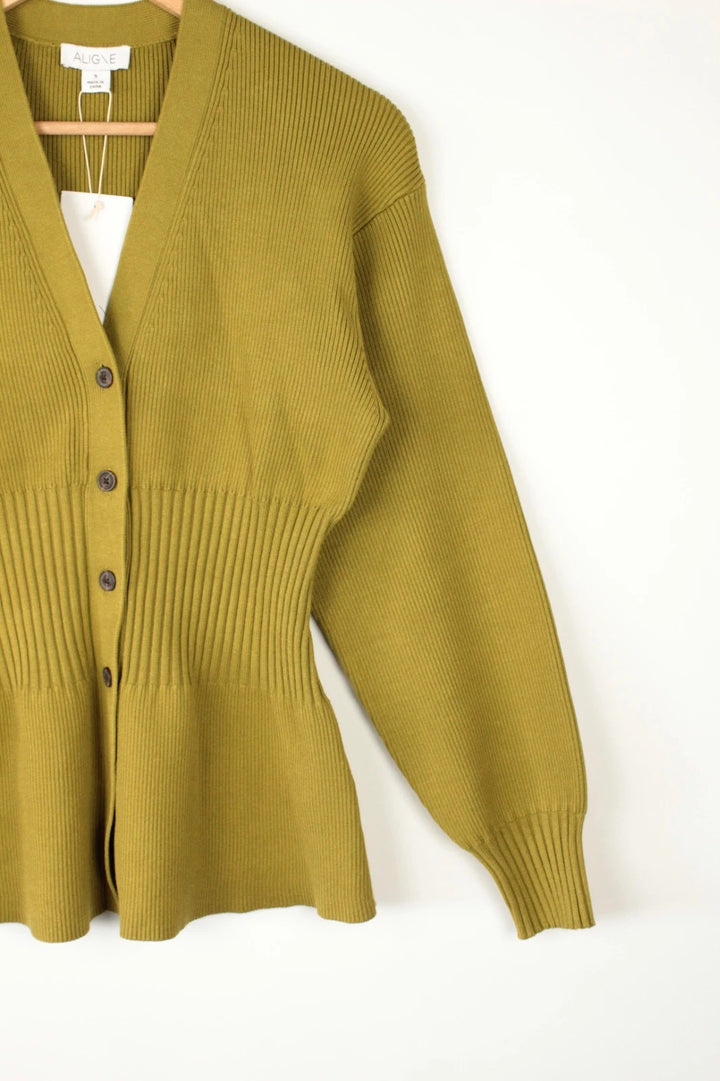 Aligne khaki knit cardigan with flawless stitch details and hardware buttons.