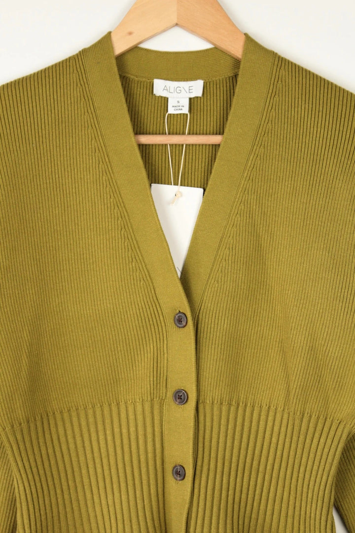 Aligne khaki knit cardigan with flawless stitch details and hardware buttons.
