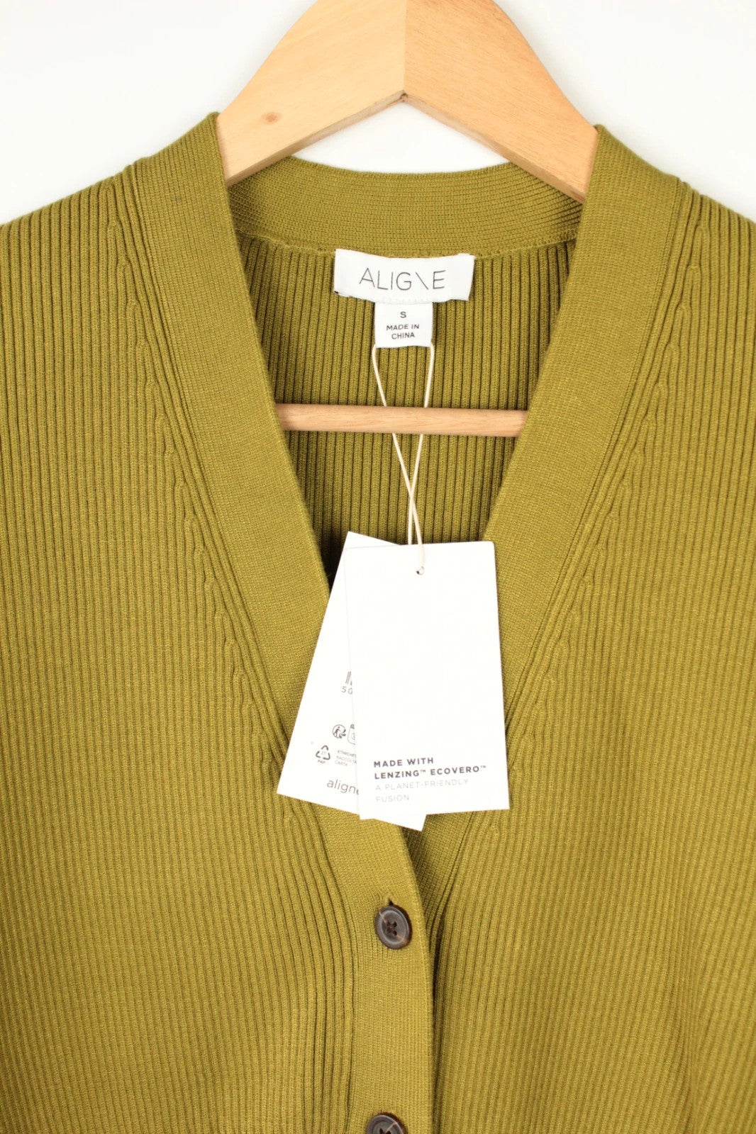 Aligne khaki knit cardigan with flawless stitch details and hardware buttons.