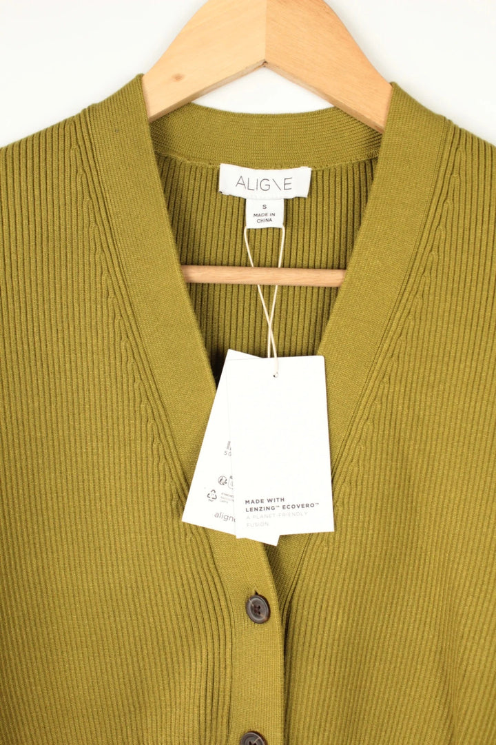 Aligne khaki knit cardigan with flawless stitch details and hardware buttons.