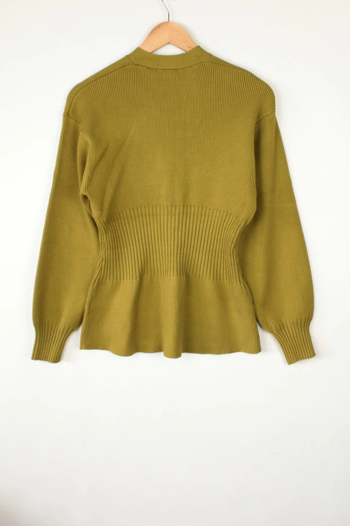 Aligne khaki knit cardigan with flawless stitch details and hardware buttons.