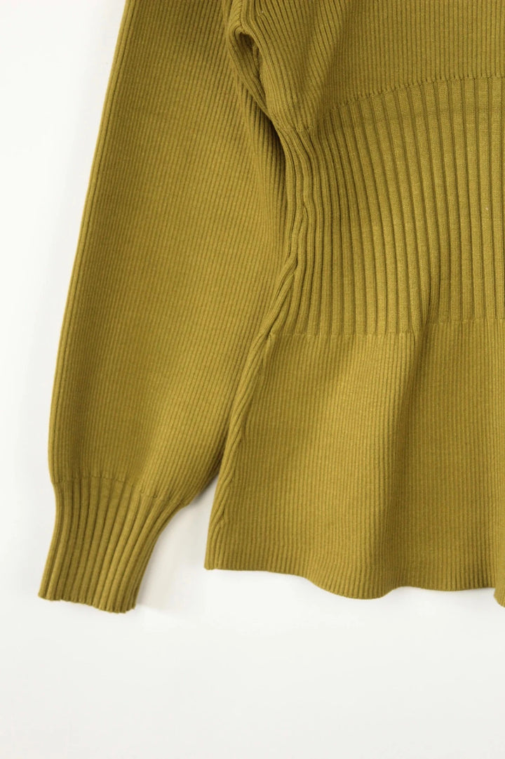 Aligne khaki knit cardigan with flawless stitch details and hardware buttons.