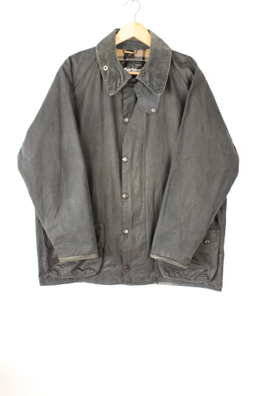 Barbour grey Beaufort wax jacket with navy pocket panels and thick corduroy collar.