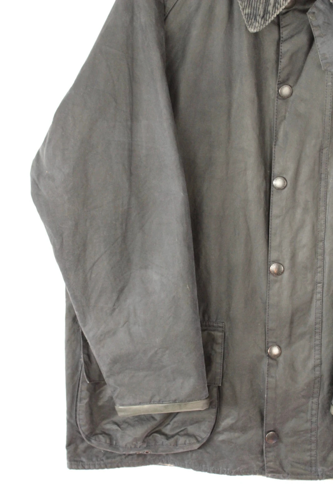 Barbour grey Beaufort wax jacket with navy pocket panels and thick corduroy collar.
