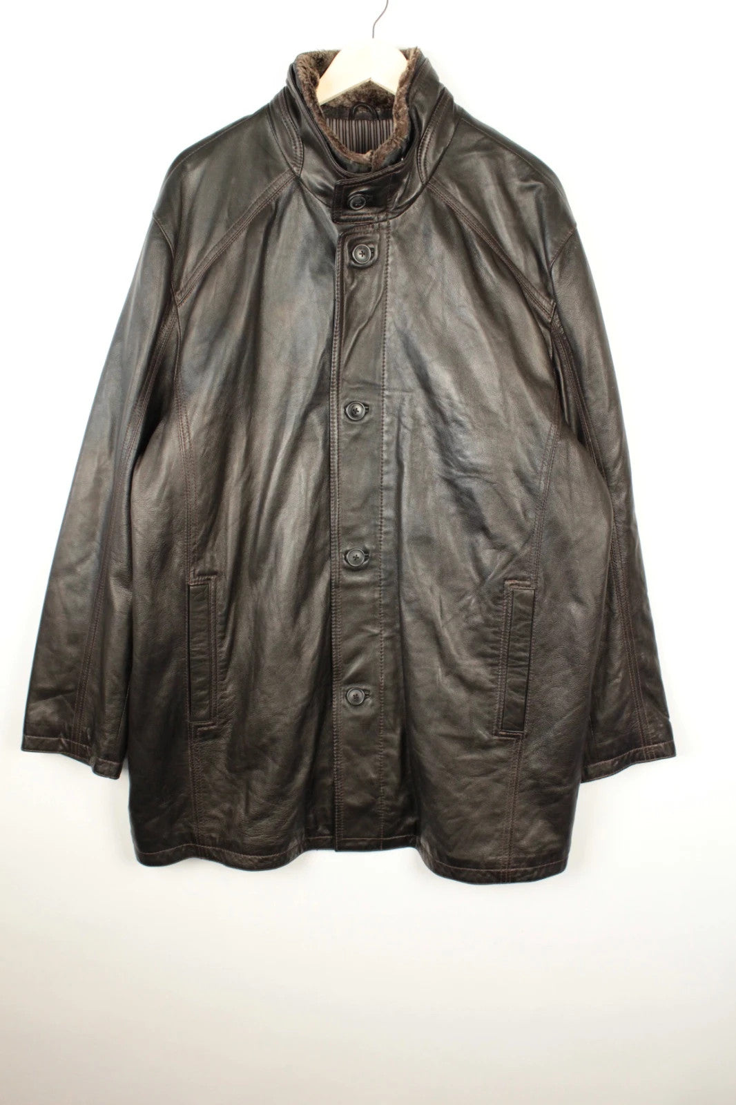 Leatherman dark brown leather coat with Thermolite lining and vintage character details.