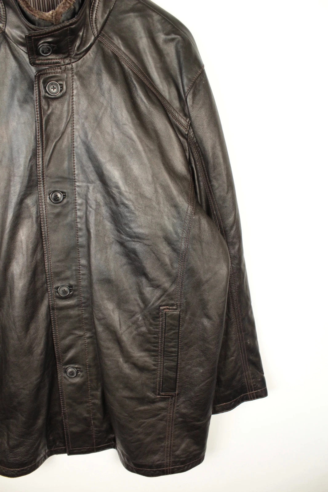 Leatherman dark brown leather coat with Thermolite lining and vintage character details.