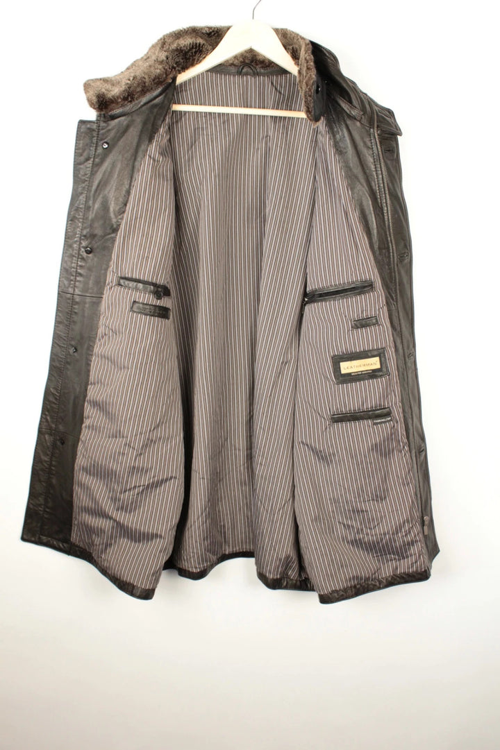 Leatherman dark brown leather coat with Thermolite lining and vintage character details.